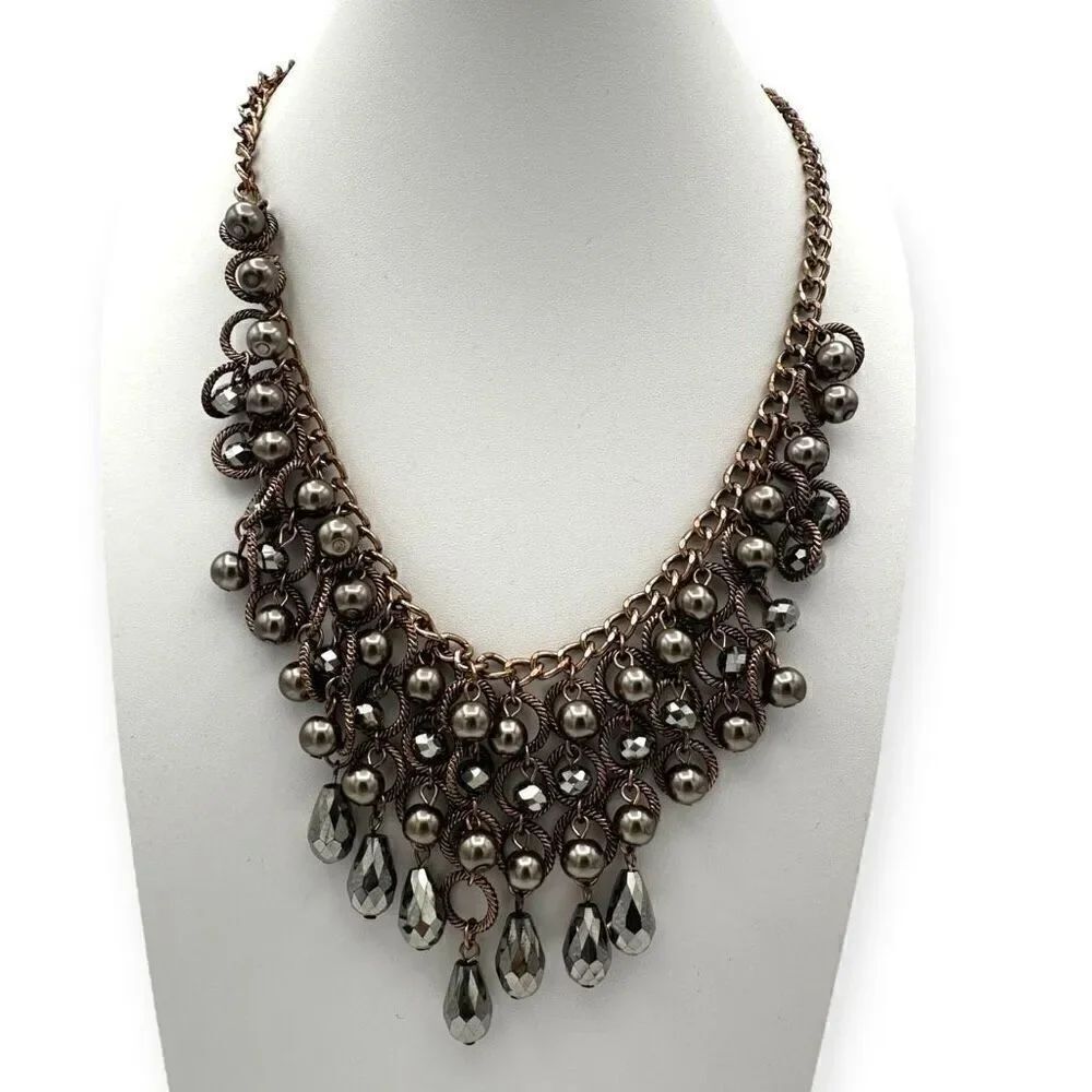 Statement necklace silver toned with balls and circles heavy 20 inches matinee